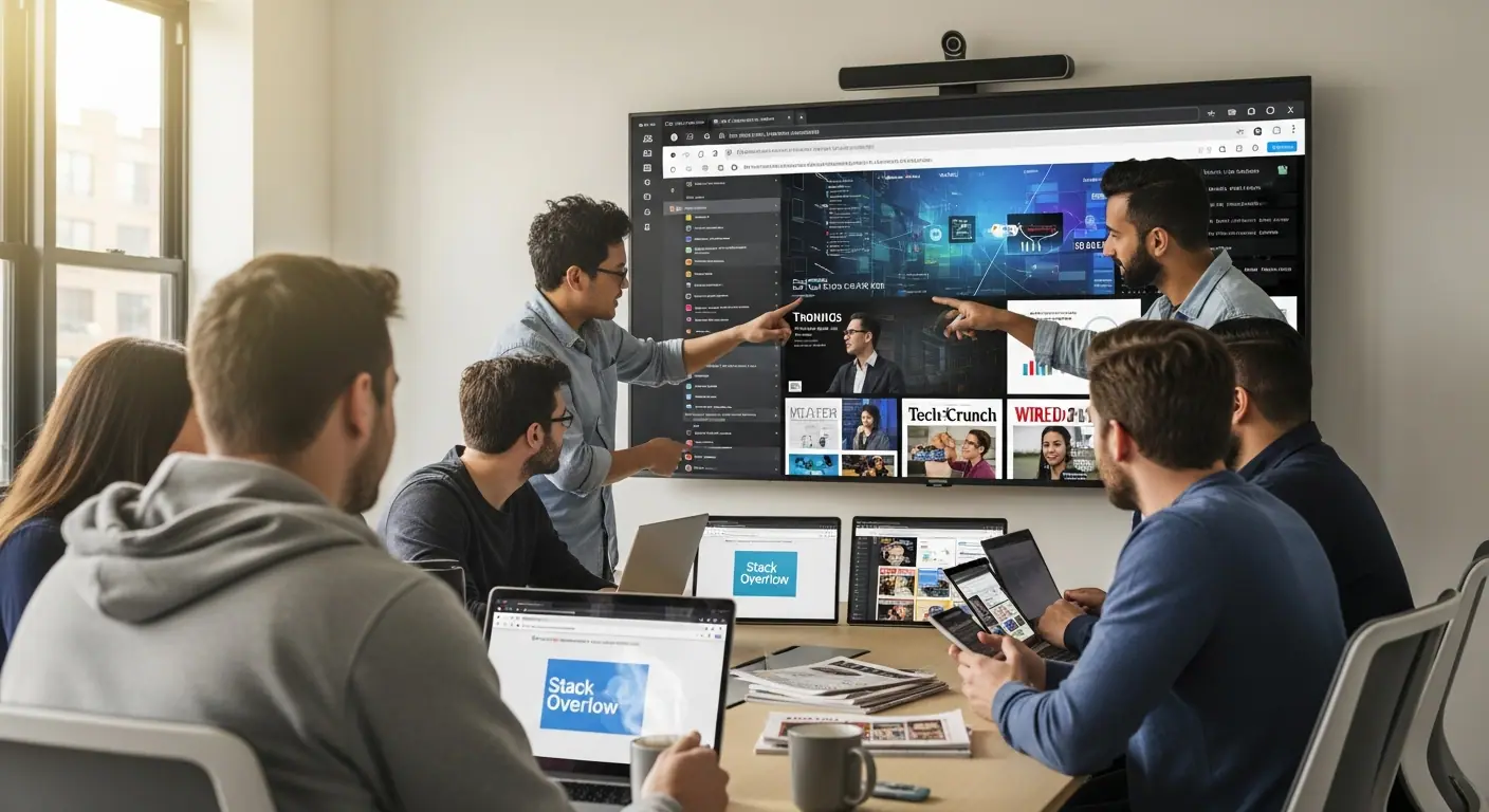 Équipe de développeurs réalisant leur veille technologique autour d'un grand écran