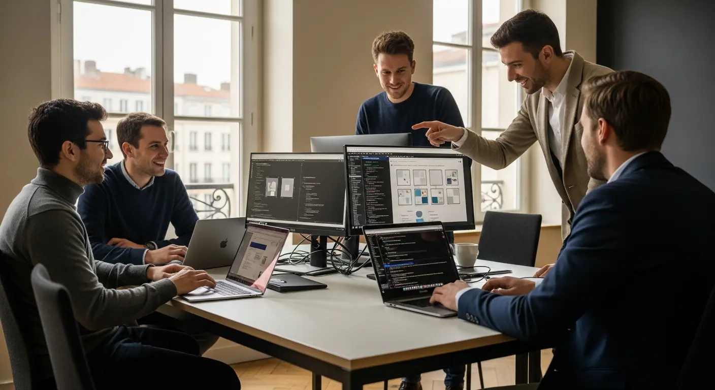 Équipe de développeurs travaillant ensemble dans les bureaux lyonnais
