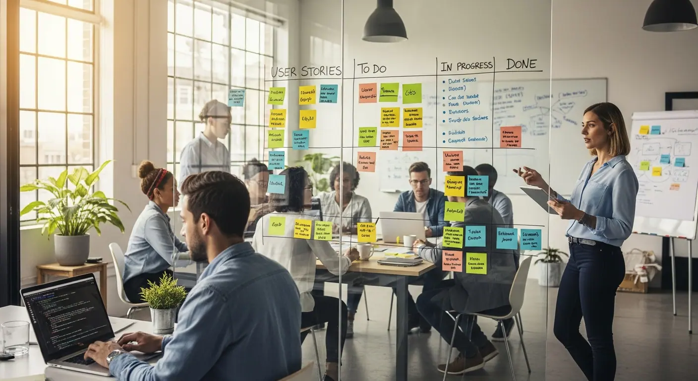 Équipe agile en réunion de planification de sprint pour le développement d'une application