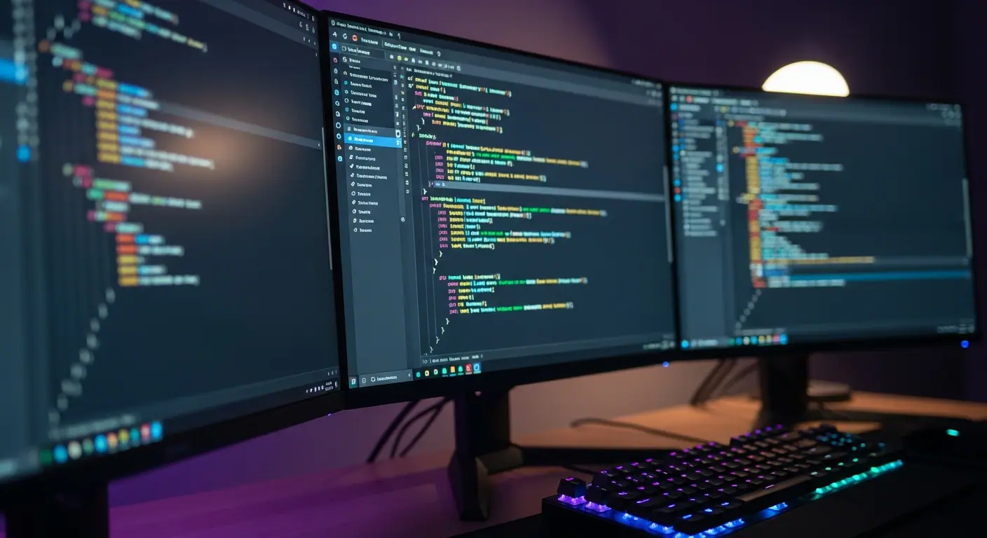 Poste de travail d'un développeur avec code sur les écrans