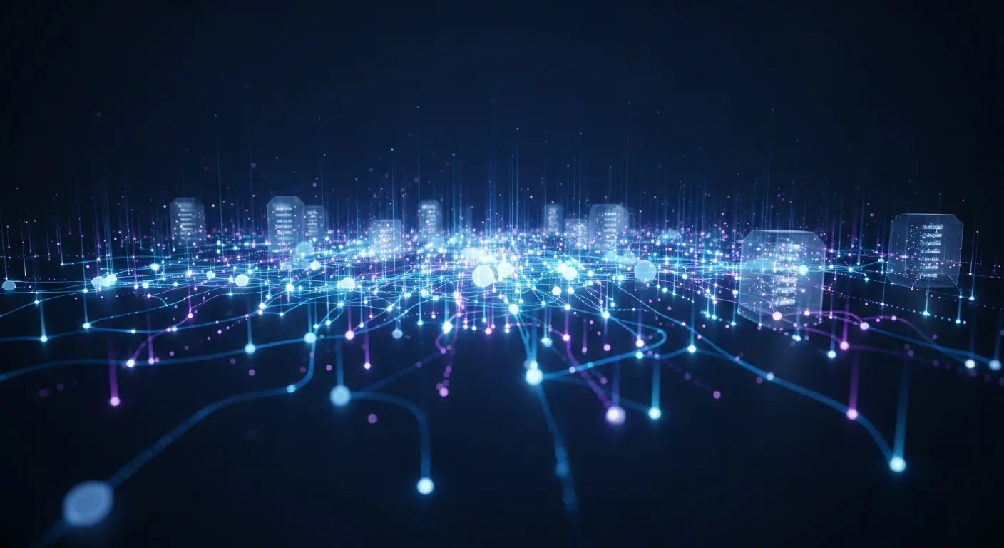 Visualisation architecturale d'une infrastructure cloud moderne avec nœuds interconnectés