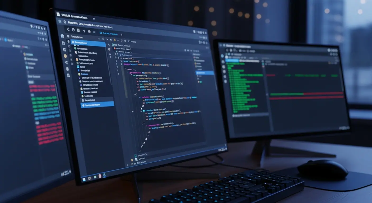 Écrans de développement montrant du code React et TypeScript pour une application sur mesure